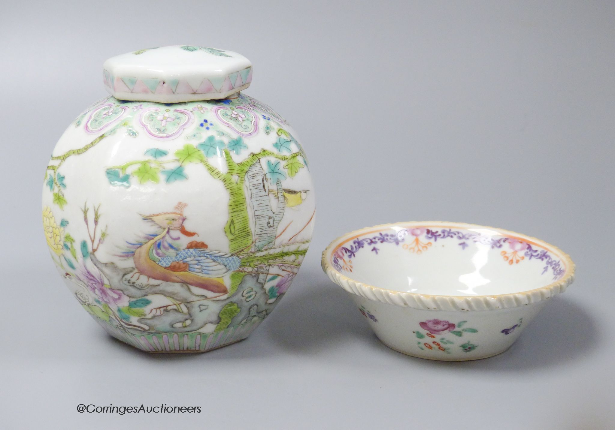 A Chinese Qianlong famille rose patty pan, and a 19th century Chinese ginger jar and cover (2)